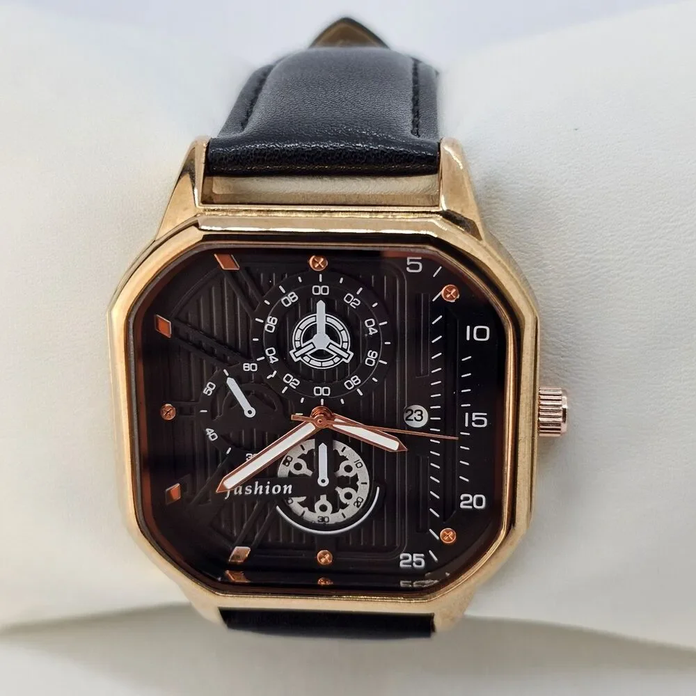 Men's Watch 42MM Black Dial‎ Gold Case Black Leather Band Straps Date Indicator